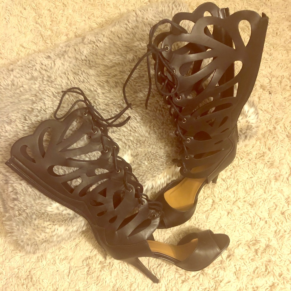 Mid Calf peek toe Heels